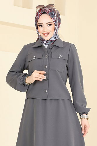 moda selvim طقم رمادي غامق 23005UKB139 - Thumbnail