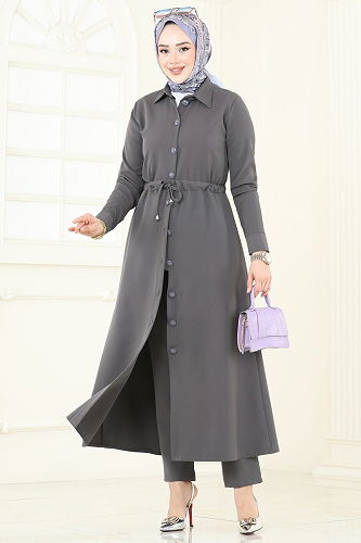 moda selvim طقم رمادي غامق 23009UKB139 - Thumbnail