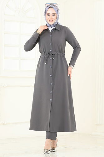 moda selvim طقم رمادي غامق 23009UKB139 - Thumbnail