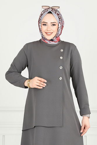 moda selvim طقم رمادي غامق 23012UKB139 - Thumbnail