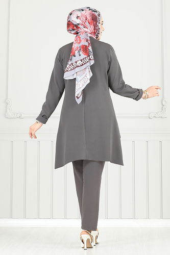 moda selvim طقم رمادي غامق 23012UKB139 - Thumbnail