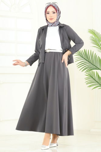 moda selvim طقم رمادي غامق 23015UKB139 - Thumbnail