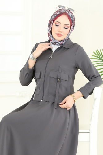 moda selvim طقم رمادي غامق 23015UKB139 - Thumbnail