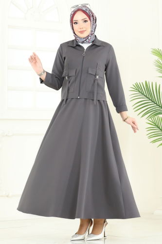 moda selvim طقم رمادي غامق 23015UKB139 - Thumbnail