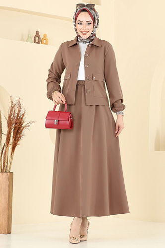 moda selvim طقم بيج غامق 23016UKB139 - Thumbnail