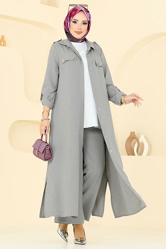 moda selvim طقم رمادي غامق 23017UKB139 - Thumbnail