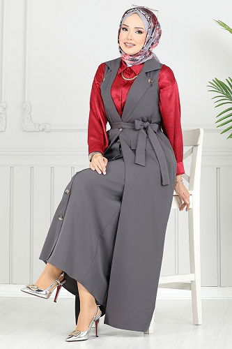 moda selvim طقم رمادي غامق 23022UKB139 - Thumbnail