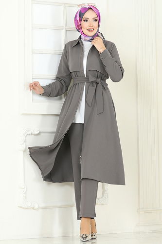 moda selvim طقم رمادي غامق 23023UKB139 - Thumbnail