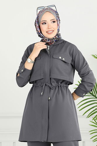 moda selvim طقم رمادي غامق 23025UKB139 - Thumbnail