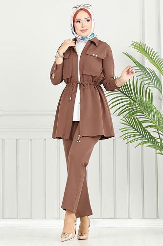 moda selvim طقم بيج غامق 23025UKB139 - Thumbnail