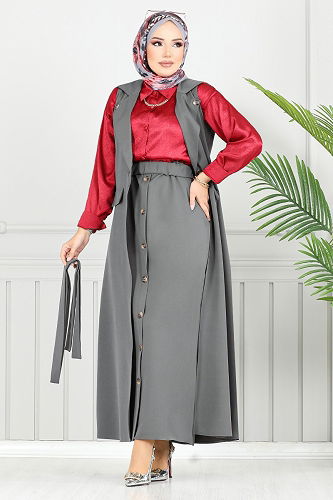 moda selvim طقم رمادي غامق 23100UKB929-M - Thumbnail