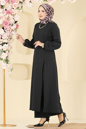 moda selvim طقم رمادي غامق 24003UKBK1160 - Thumbnail