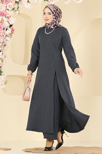 moda selvim طقم رمادي غامق 24003UKBK1160 - Thumbnail
