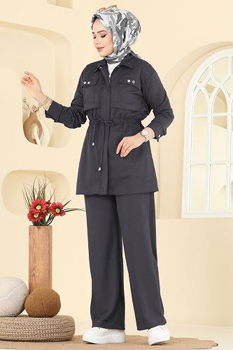 moda selvim طقم رمادي غامق 24005UKB139 - Thumbnail