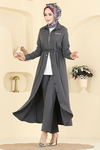 moda selvim طقم رمادي غامق 24015UKB139 - Thumbnail