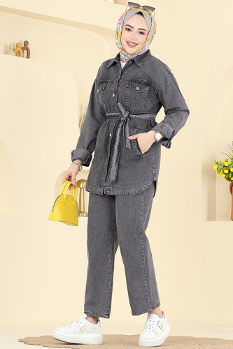 moda selvim طقم جينز أسود 2401ORG1169 - Thumbnail