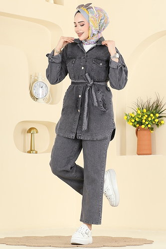 moda selvim طقم جينز أسود 2401ORG1169 - Thumbnail