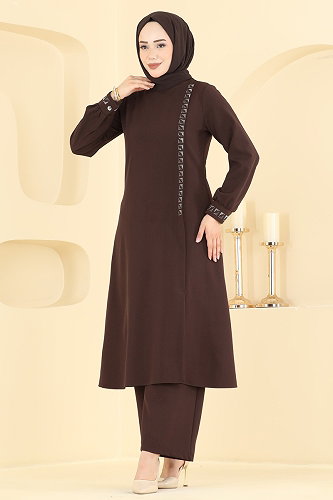 moda selvim طقم بني غامق 24043UKB139 - Thumbnail