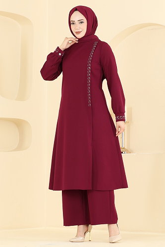 moda selvim طقم خمري 24043UKB139 - Thumbnail