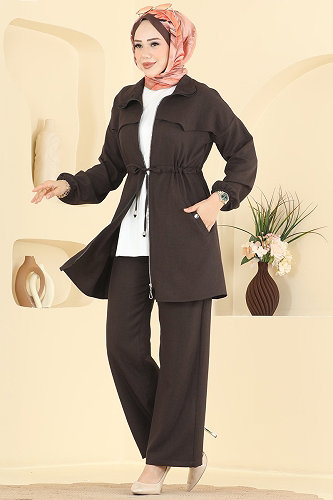 moda selvim طقم بني غامق 24053UKB139 - Thumbnail