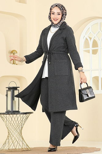 moda selvim طقم رمادي غامق 24081UKBK1160 - Thumbnail