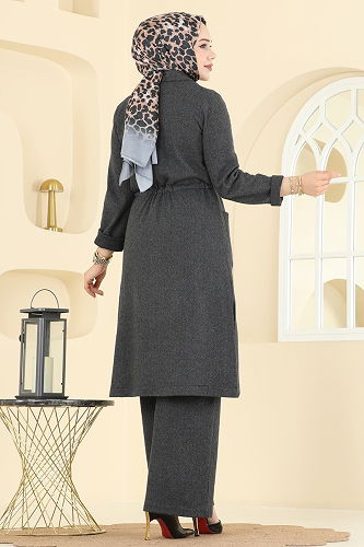 moda selvim طقم رمادي غامق 24081UKBK1160 - Thumbnail