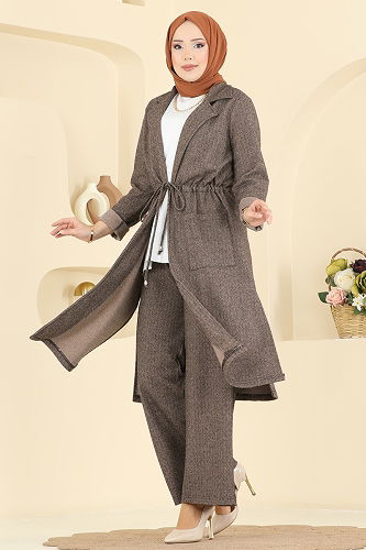 moda selvim طقم بيج غامق 24081UKBK1160 - Thumbnail