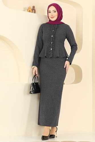 moda selvim طقم رمادي غامق 24093UKBK1160 - Thumbnail