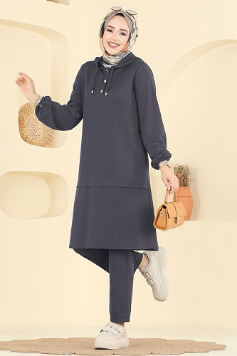 moda selvim طقم رمادي غامق 25007UKB139 - Thumbnail