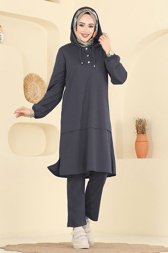 moda selvim طقم رمادي غامق 25007UKB139 - Thumbnail