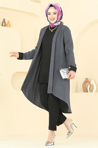 moda selvim طقم رمادي غامق 25071MTS1094 - Thumbnail