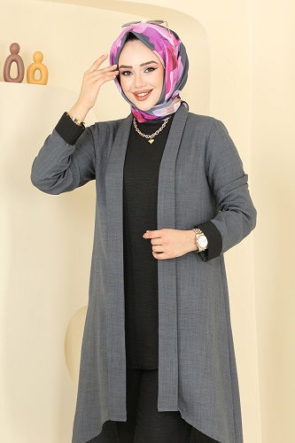 moda selvim طقم رمادي غامق 25071MTS1094 - Thumbnail