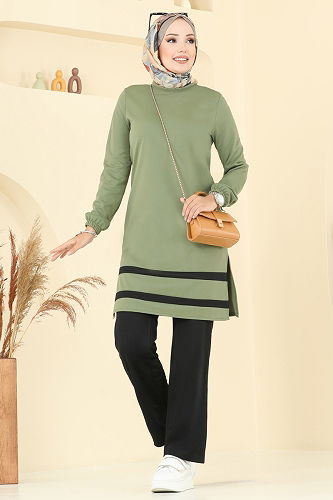 moda selvim طقم أخضر عشبي وأسود 2516SL432 - Thumbnail