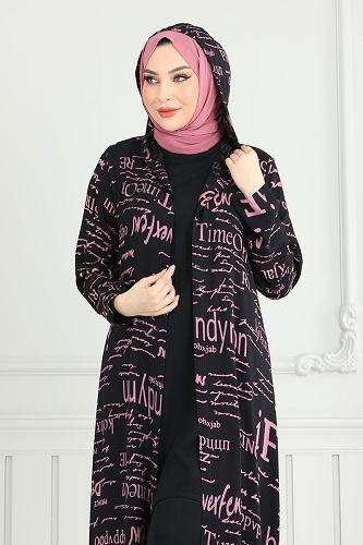 moda selvim طقم أسود ووردي 2525ERK1158 - Thumbnail