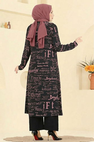 moda selvim طقم أسود ووردي 2525ERK1158 - Thumbnail