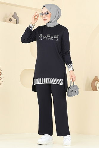 moda selvim Combined 2586SL432 Ecru&Navy Blue - Thumbnail