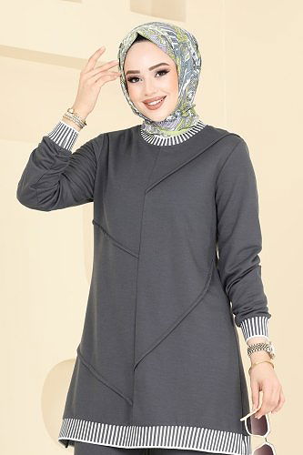 moda selvim طقم رمادي غامق 2595SL432 - Thumbnail