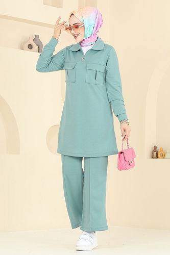 moda selvim طقم أخضر باهت 2600SL432 - Thumbnail