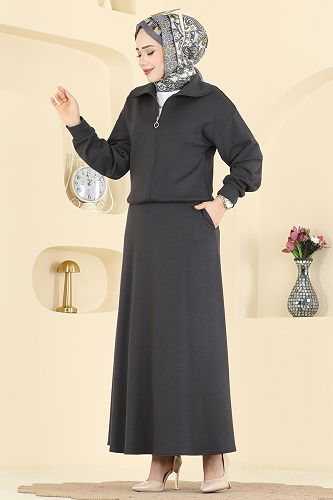 moda selvim طقم رمادي غامق 2601ERK1158 - Thumbnail