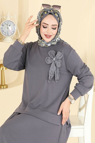 moda selvim طقم رمادي غامق 2601TPK1167 - Thumbnail