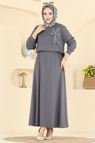 moda selvim طقم رمادي غامق 2601TPK1167 - Thumbnail