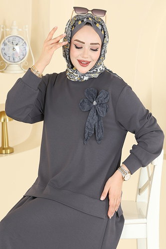 moda selvim طقم رمادي غامق 2601TPK1167 - Thumbnail