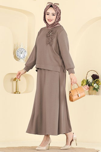 moda selvim طقم بيج غامق 2601TPK1167 - Thumbnail