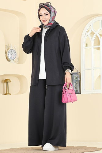 moda selvim طقم رمادي غامق 2602ERK1158 - Thumbnail