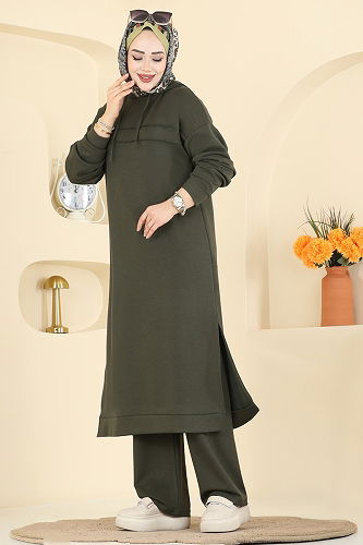 moda selvim طقم أخضر عفني غامق 2603ERK1158 - Thumbnail