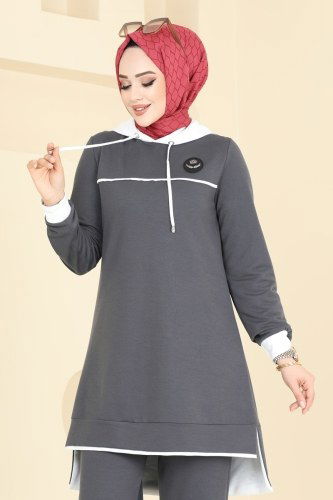 moda selvim طقم رمادي غامق 2604SL432 - Thumbnail