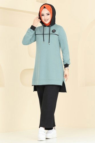 moda selvim طقم أخضر باهت وأسود 2604SL432 - Thumbnail