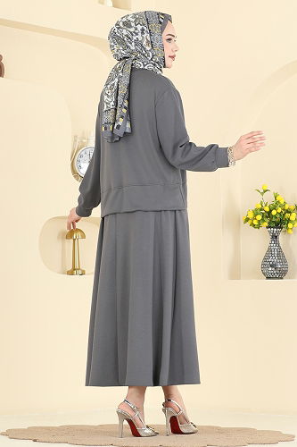 moda selvim طقم رمادي غامق 2605TPK1167 - Thumbnail