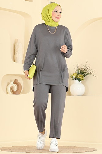 moda selvim طقم رمادي غامق 2615TPK1167 - Thumbnail