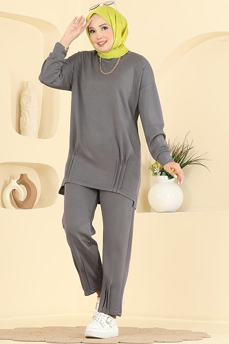 moda selvim طقم رمادي غامق 2615TPK1167 - Thumbnail